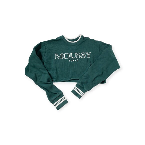 Moussy Tokyo Green Cropped Sweatshirt With Striped Cuffs & Collar Free Size 100% - Picture 1 of 10